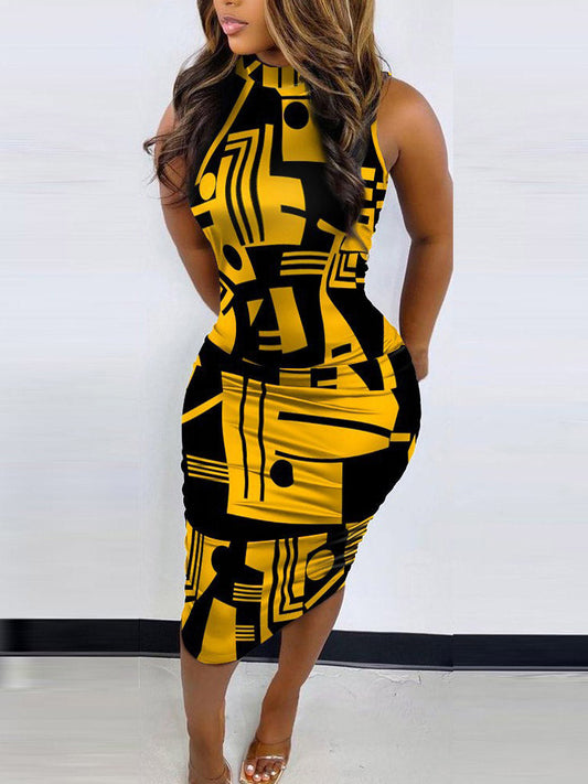 Print Sleeveless Pencil Midi Dress