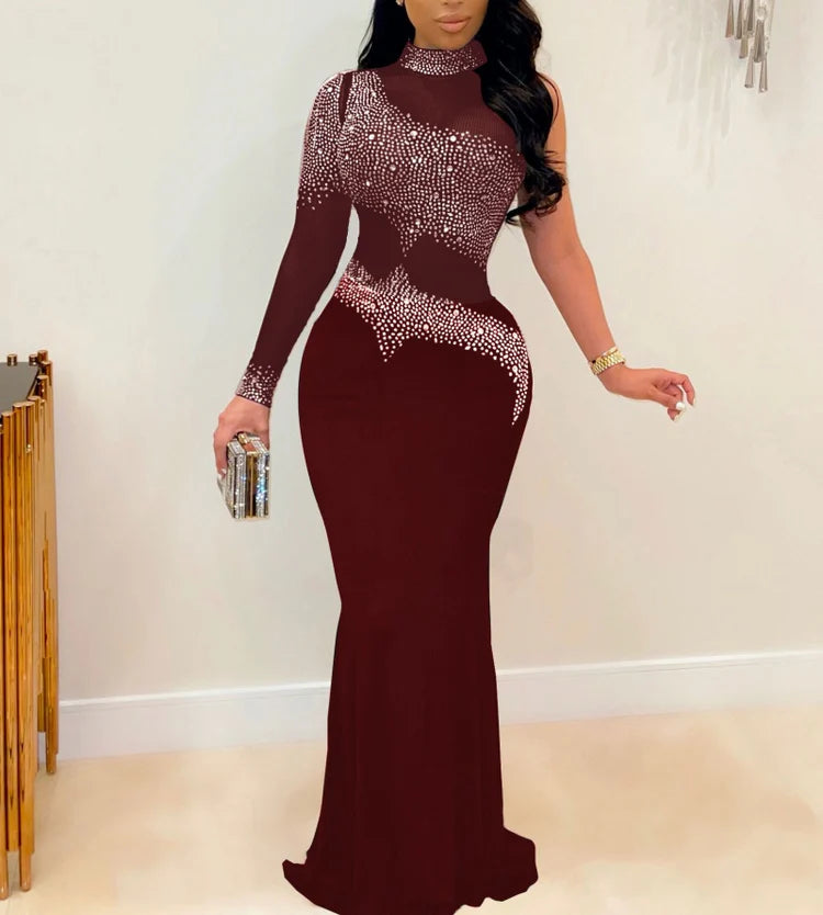 Plus Size Rhinestone Mesh Bodycon Maxi Dresses