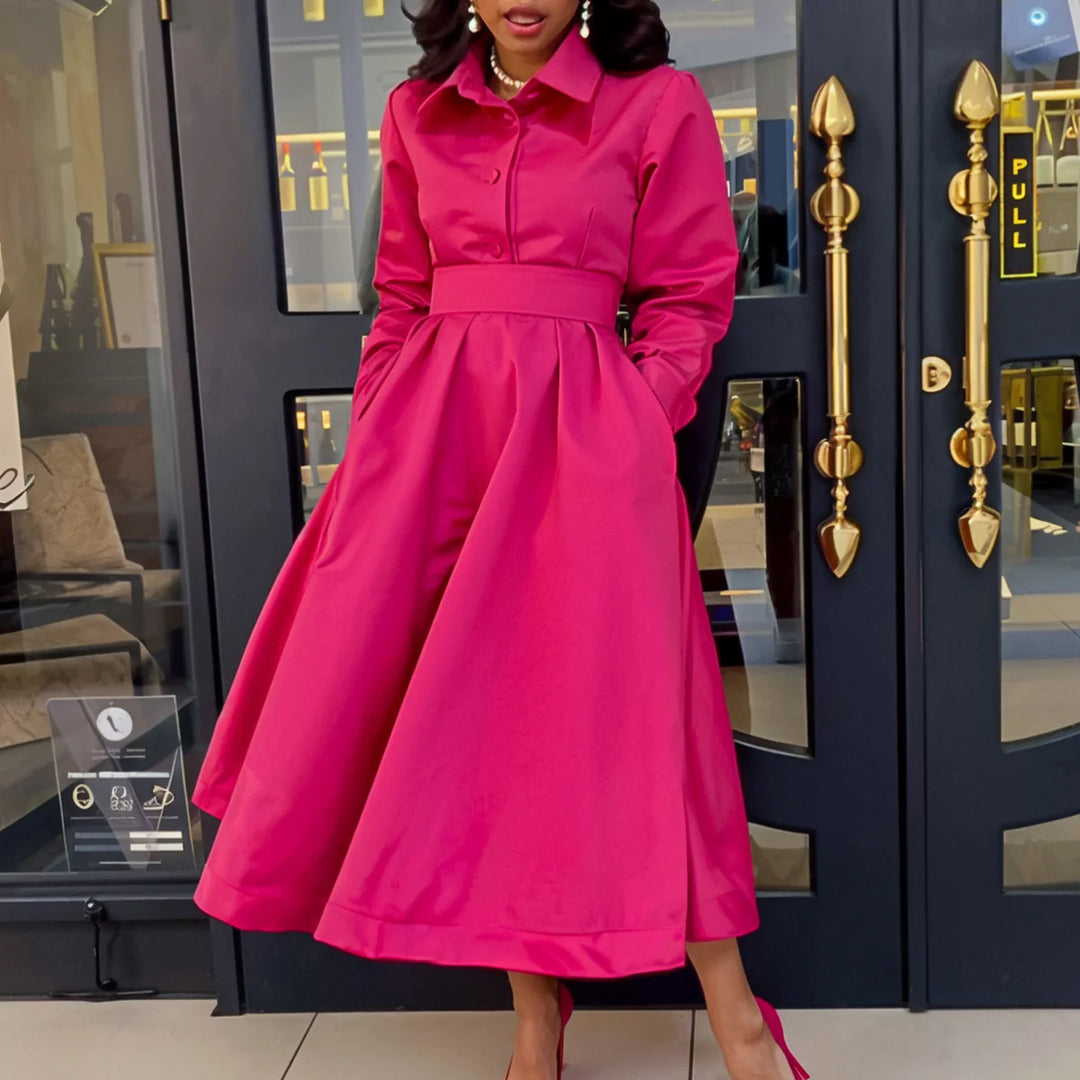 Solid Colour Lapel Long Sleeve line Dress