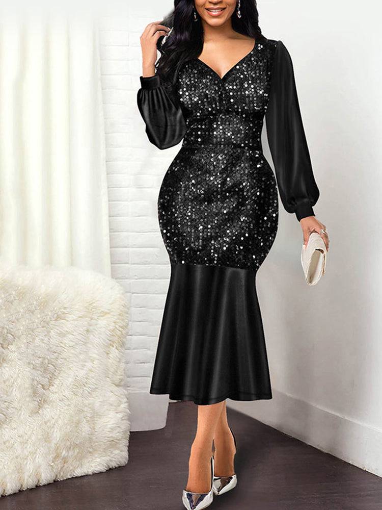 V-Neck Sequined Fishtail Evening Dress