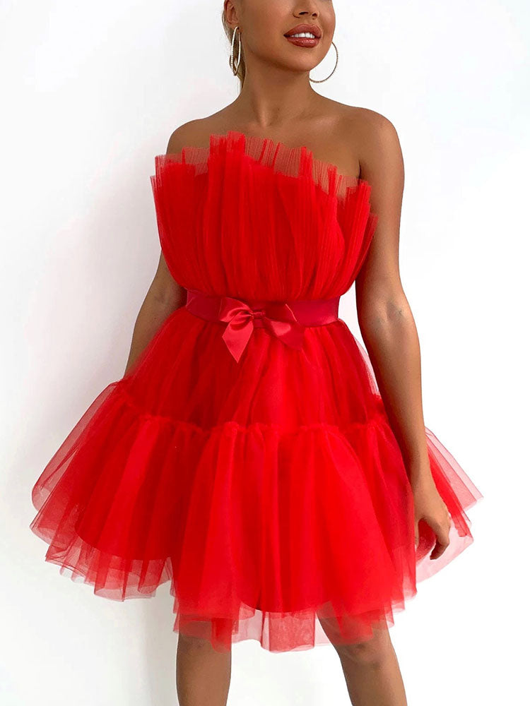 Bow Decor Layered Tulle Cocktail Dress