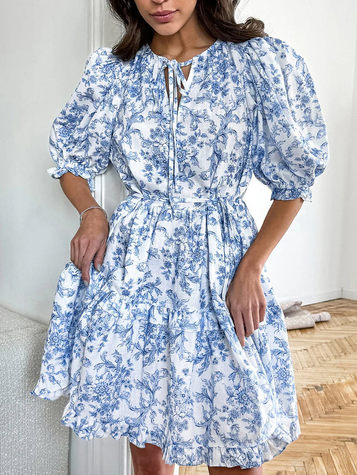 Flower Print Tie Up Puff Sleeve Mini Dresses