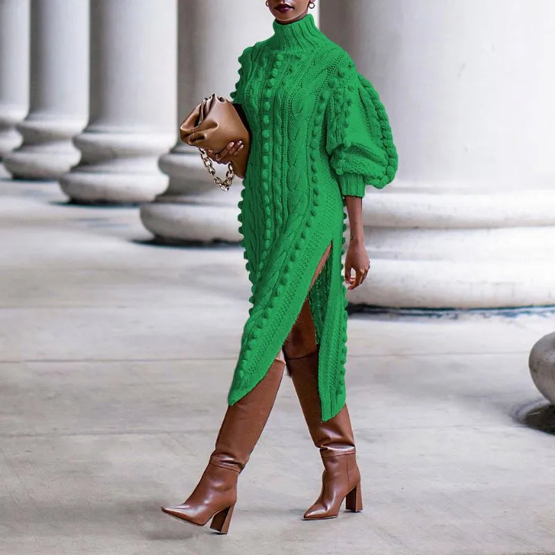 High Collar Slit knit Midi Dress