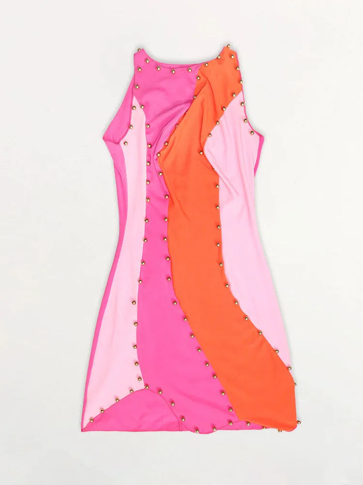 Sleeveless Color Block Beads Mini Dress
