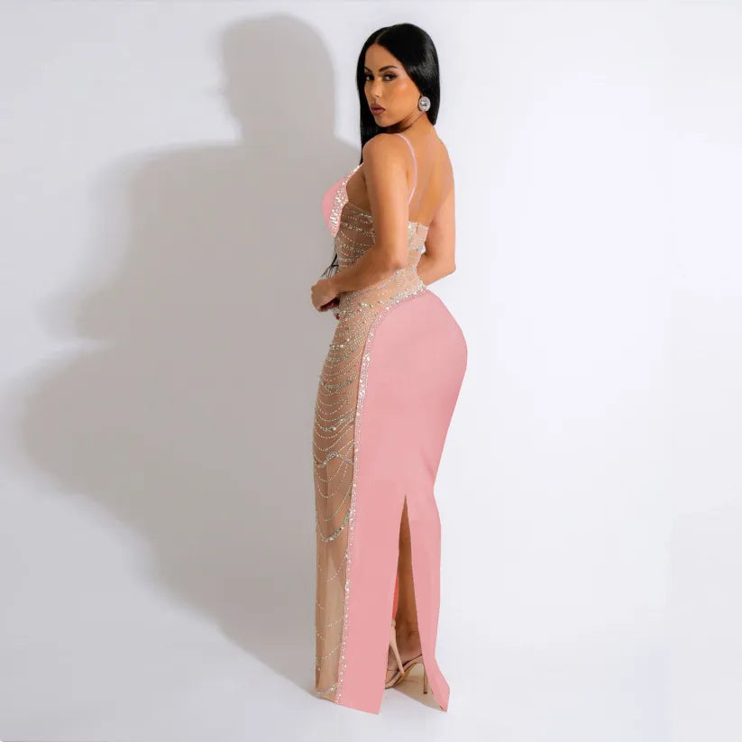 Sleevelesss Rhinestone Mesh Patchwork Maxi Dress