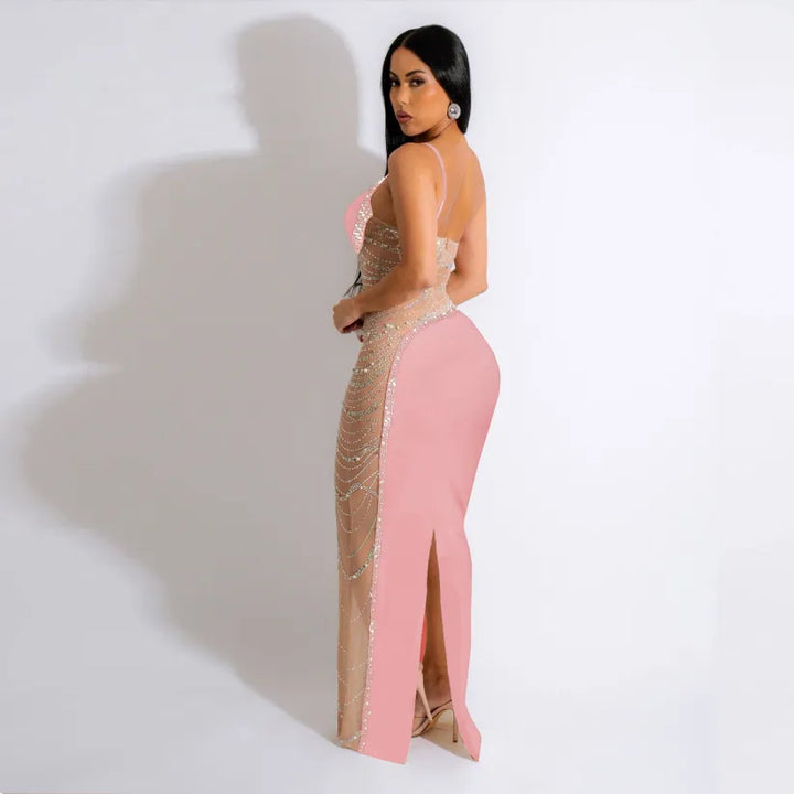 Sleevelesss Rhinestone Mesh Patchwork Maxi Dress