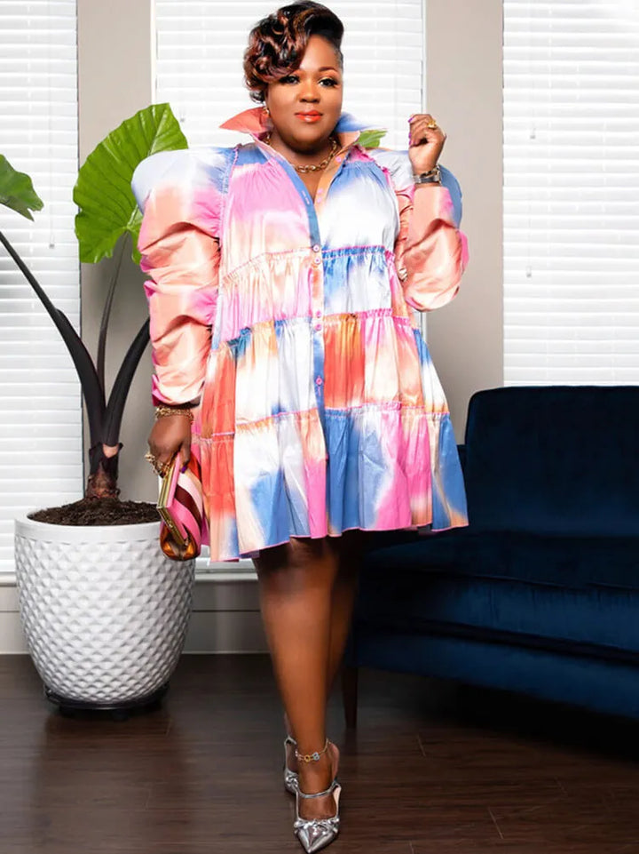Long Sleeve Tie Dye Ruffle Mini Dress