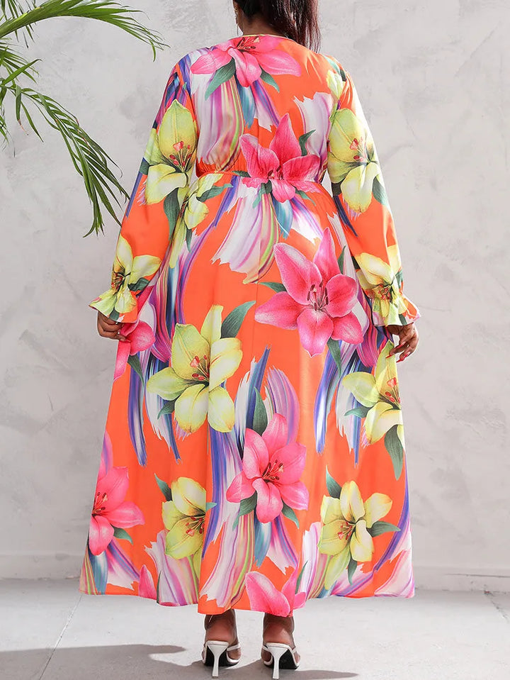 Plus Size Long Sleeve Digital Print Maxi Dress
