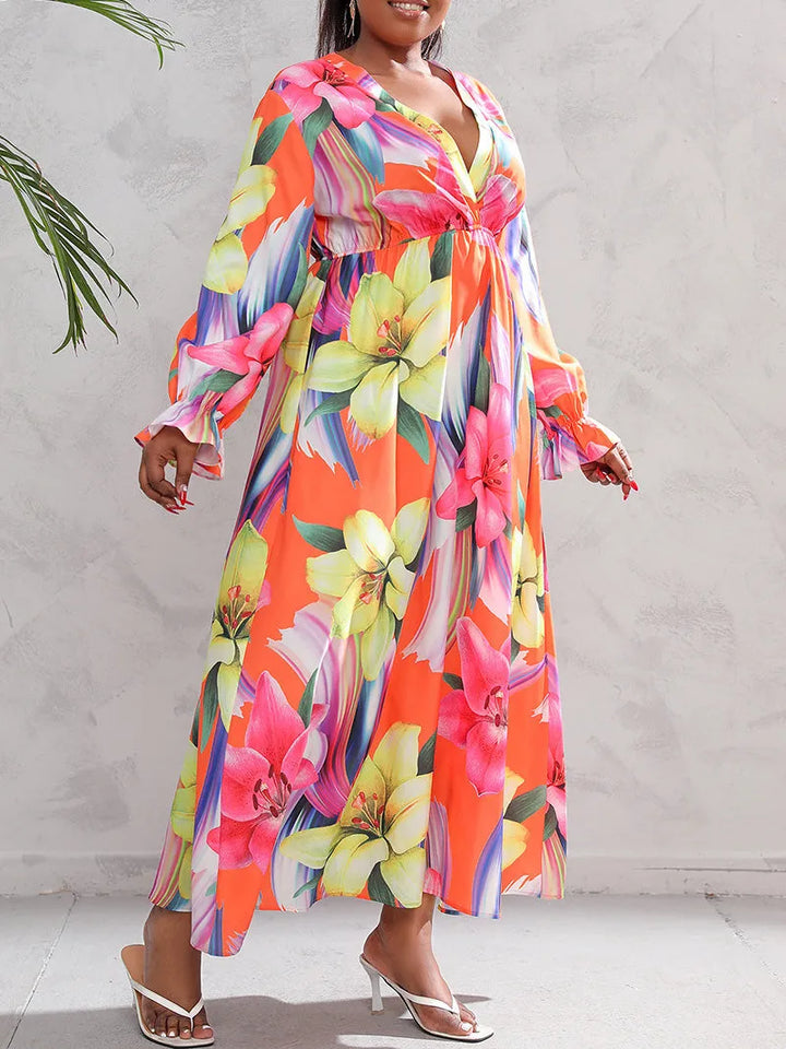 Plus Size Long Sleeve Digital Print Maxi Dress