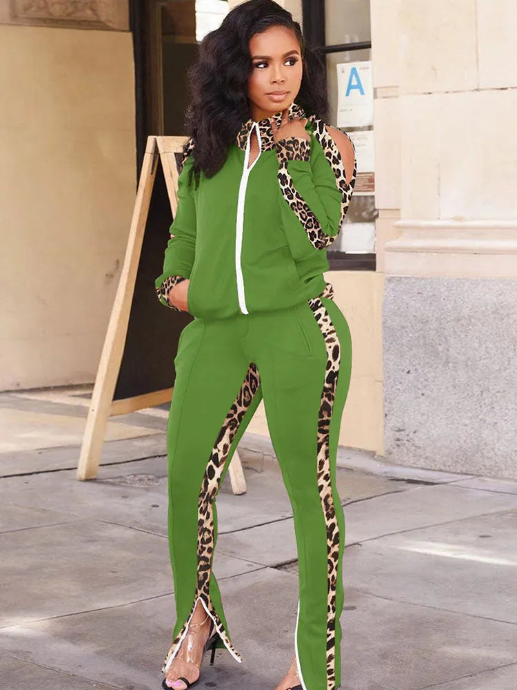 Two Piece Leopard Print Patchwork Pant Suit