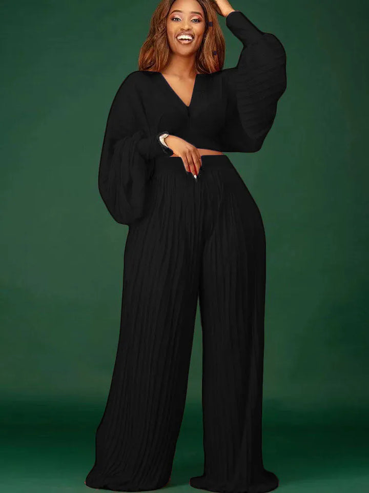 Long Sleeve V-Neck Top and Wide Leg Pants Set