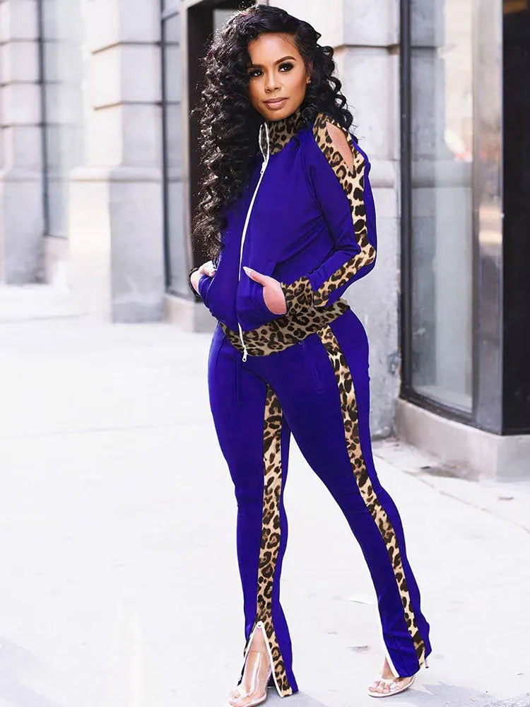 Two Piece Leopard Print Patchwork Pant Suit