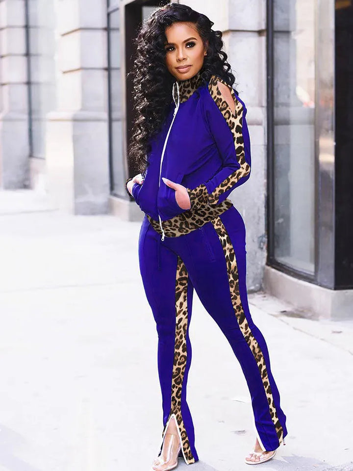 Two Piece Leopard Print Patchwork Pant Suit