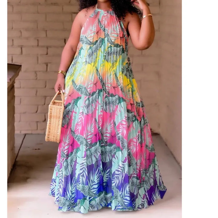 Plus Size Floral Print Halter Neck Maxi Dress