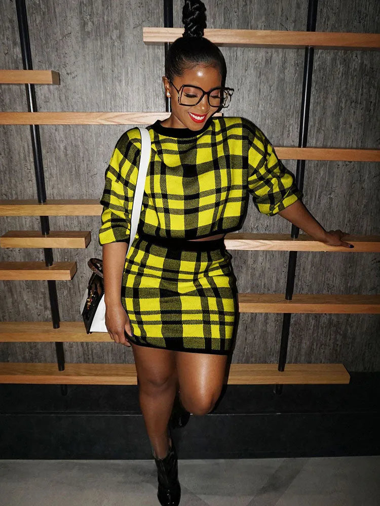 Knit Two Piece Plaid Print Skirt Suit