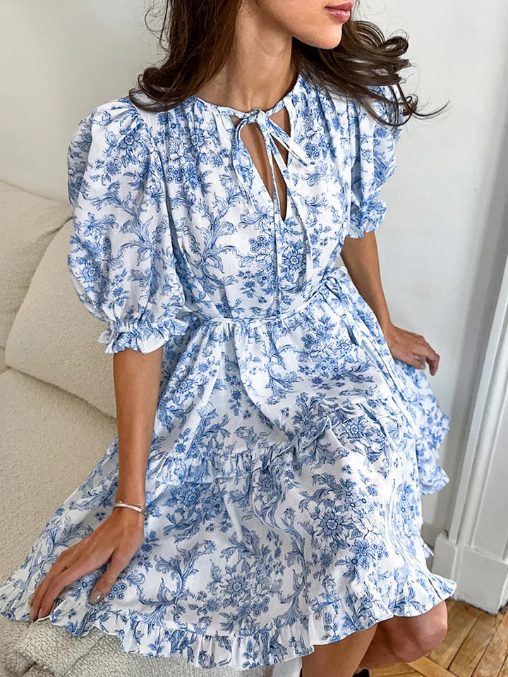 Flower Print Tie Up Puff Sleeve Mini Dresses