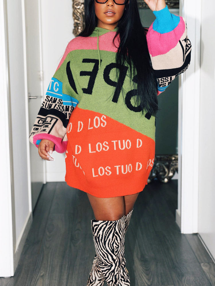 Colorblock Knit Hoodie Sweater Dress