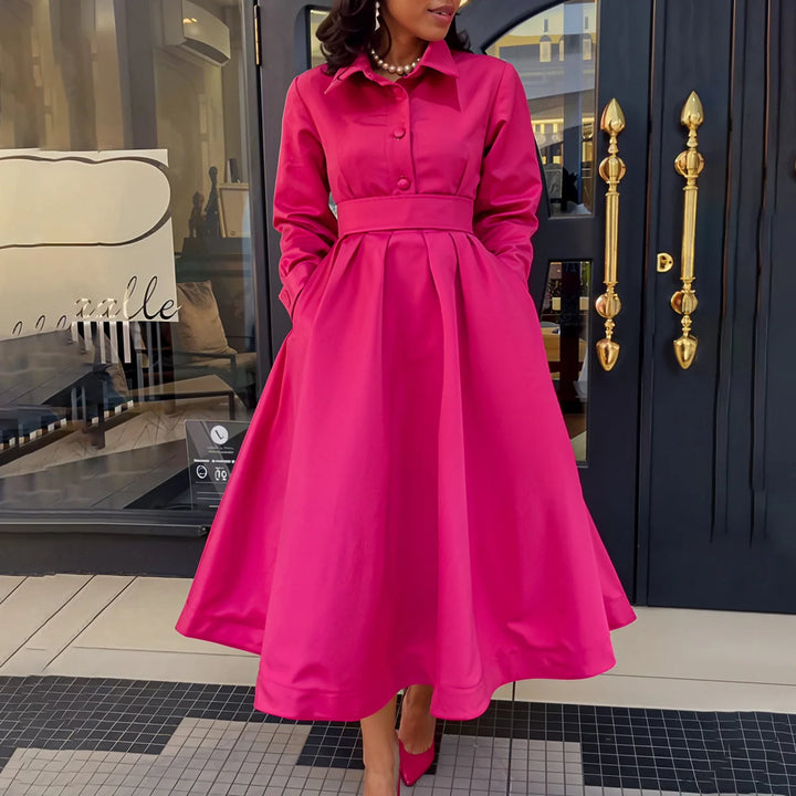 Solid Colour Lapel Long Sleeve A-line Dresses