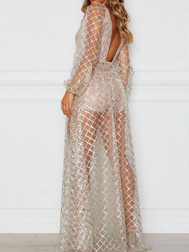 Sequin Mesh V Neck Maxi Dress