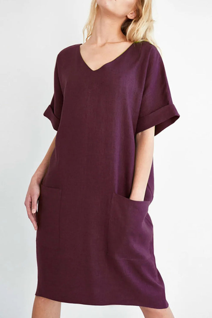 V-Neck Short Sleeve Pocketed Cotton Dress
