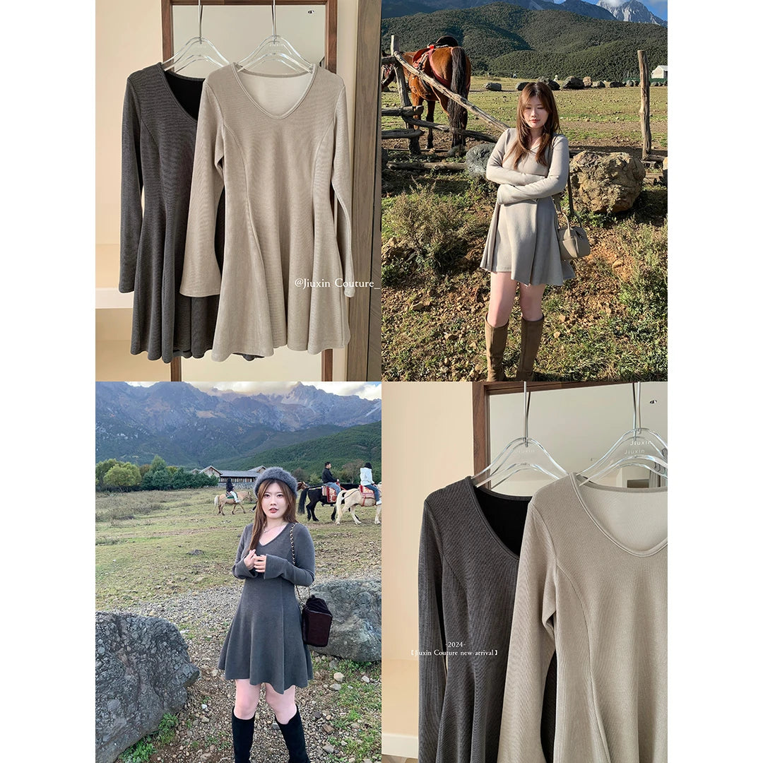 V-Neck Knit French Gentle Long Sleeve Inner Dress