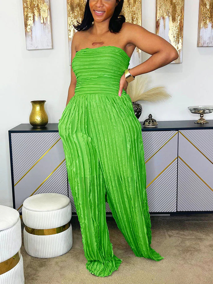 Pleated Strapless Wide Jumpsuit