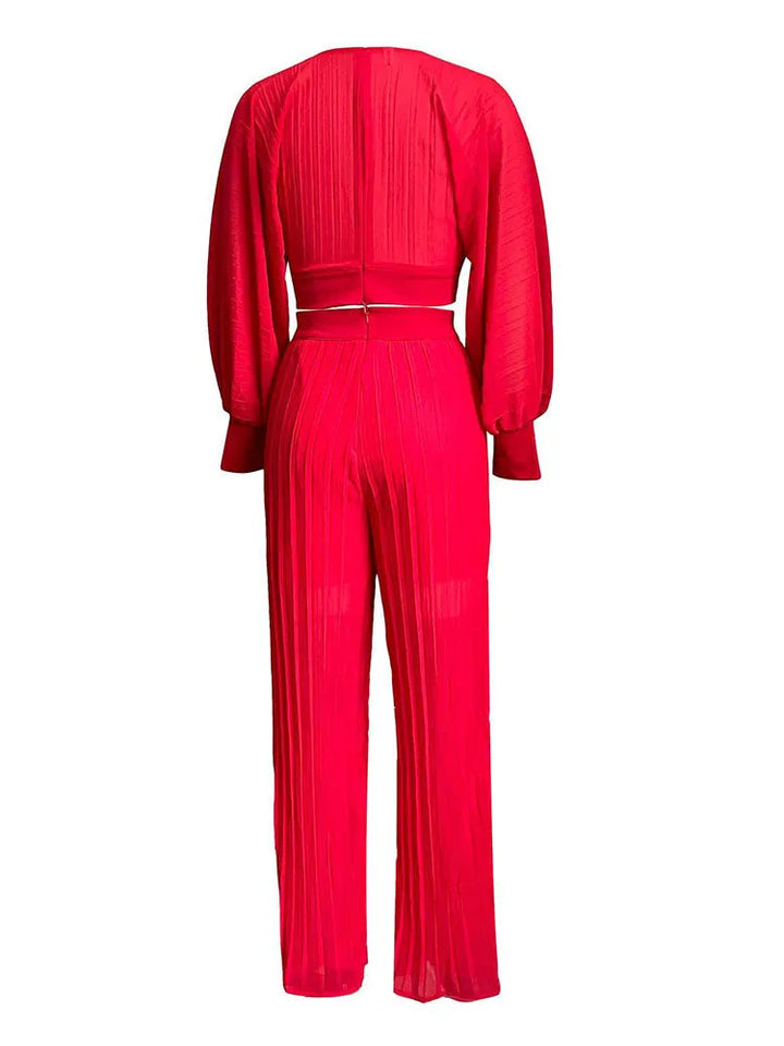Long Sleeve V-Neck Top and Wide Leg Pants Set