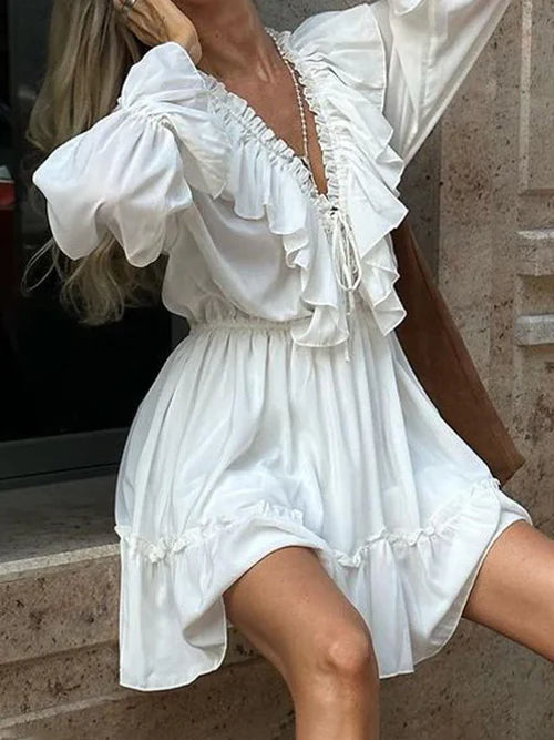 V-Neck Drawstring Flared Sleeve Ruffle White Dresses