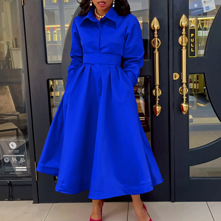 Solid Colour Lapel Long Sleeve A-line Dresses