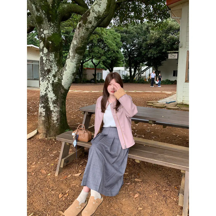 College Style Dark Pattern Pleated Half-Length Skirt