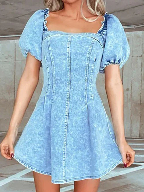 Puff Sleeve Sqaure Neck Denim Mini Dresses