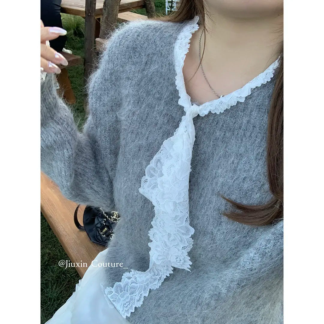 V-neck Lace Ribbon Pullover Sweater