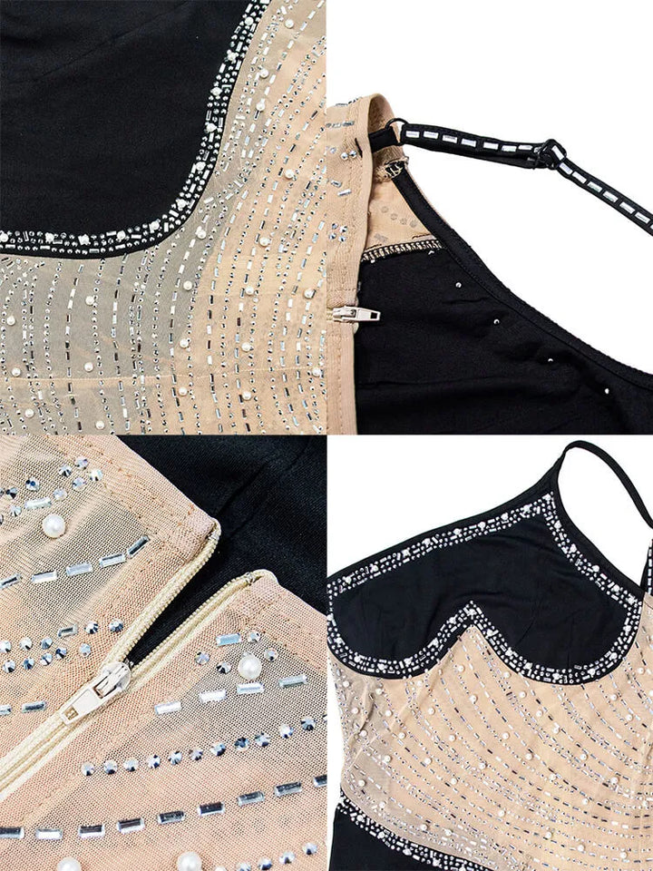 Sleevelesss Rhinestone Mesh Patchwork Maxi Dress