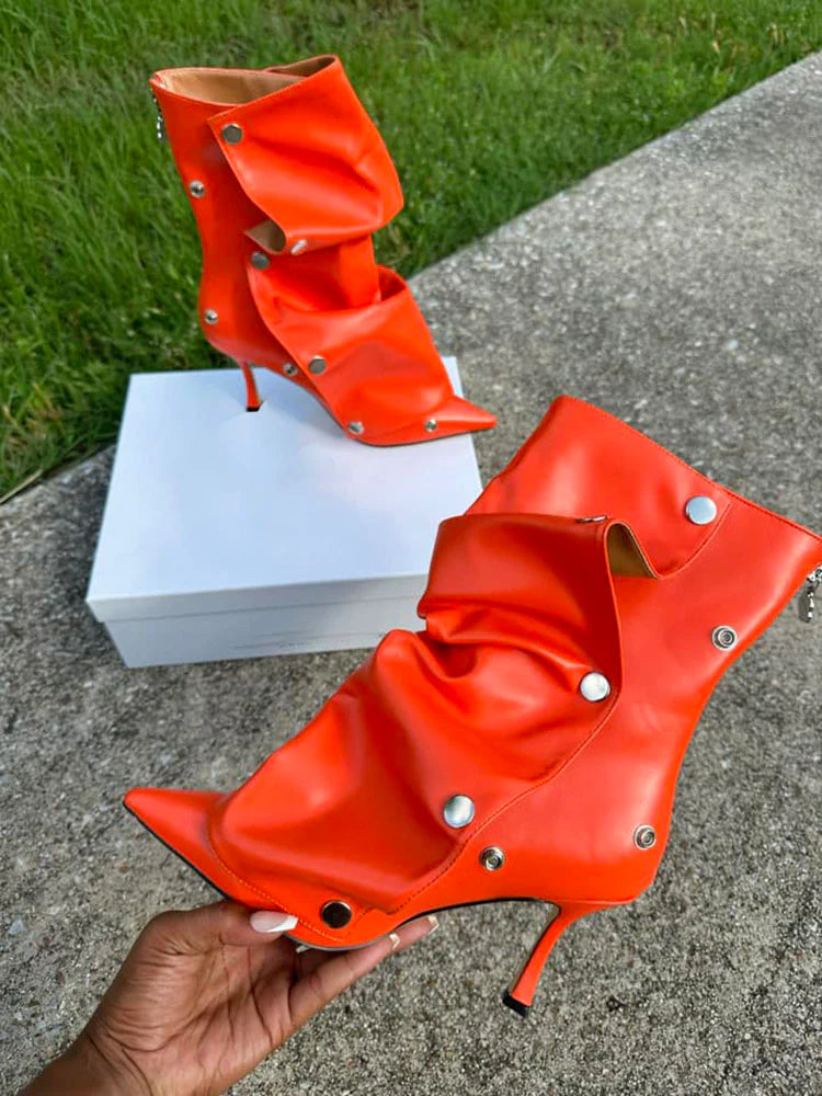 Leather Press Stud Ankle Boots