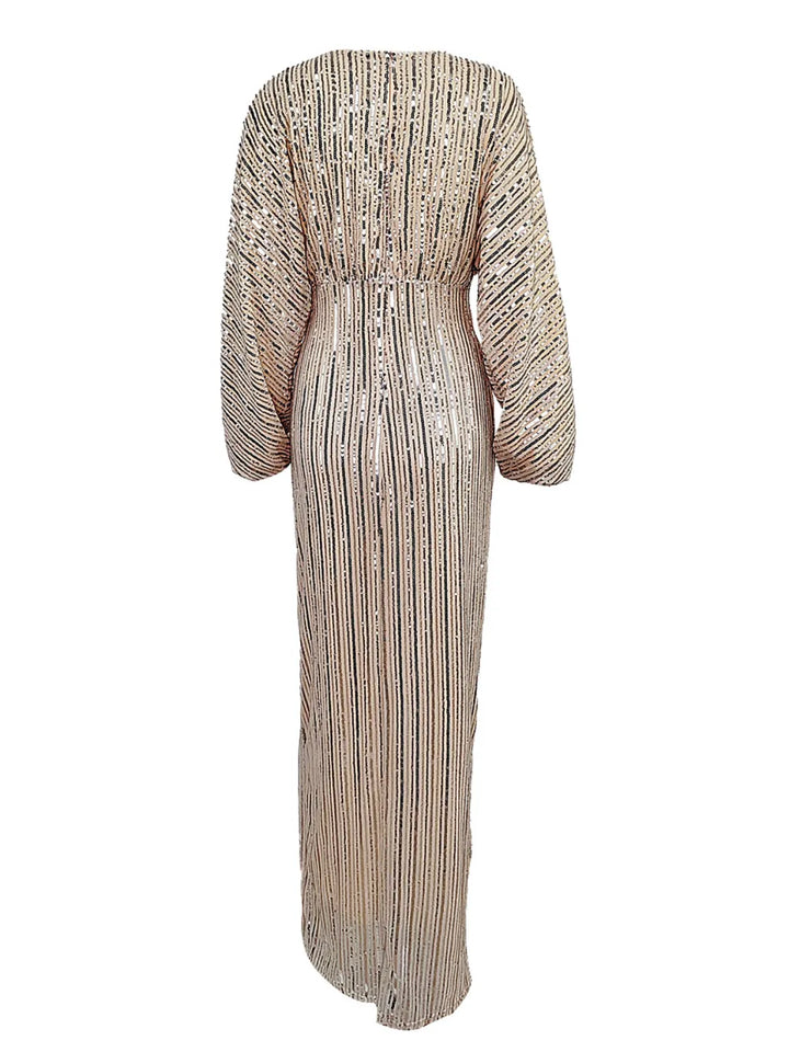 Sequin Long Sleeve V-Neck Maxi Dress