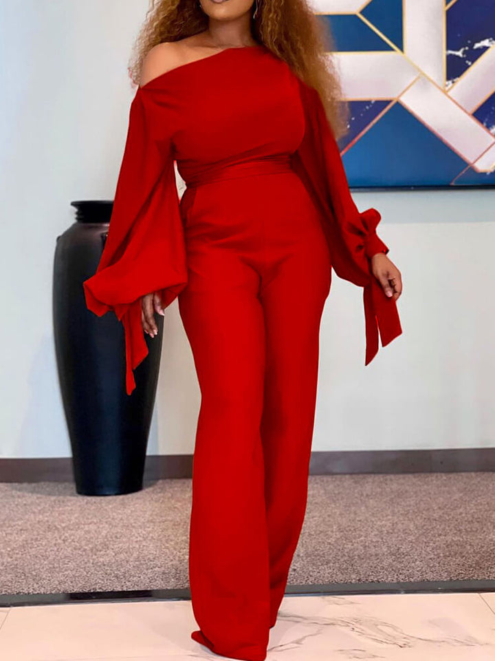 Long Sleeves One Shoulder Tie Up Jumpsuit Red · S