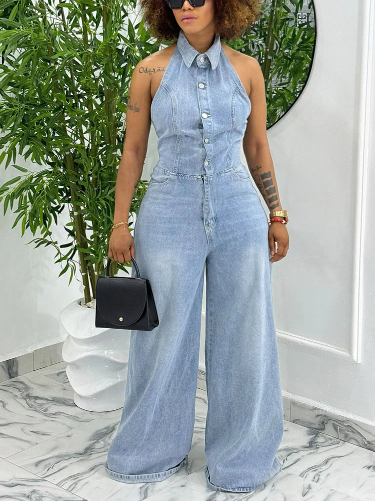 Denim Halter Wide-Leg Jumpsuit