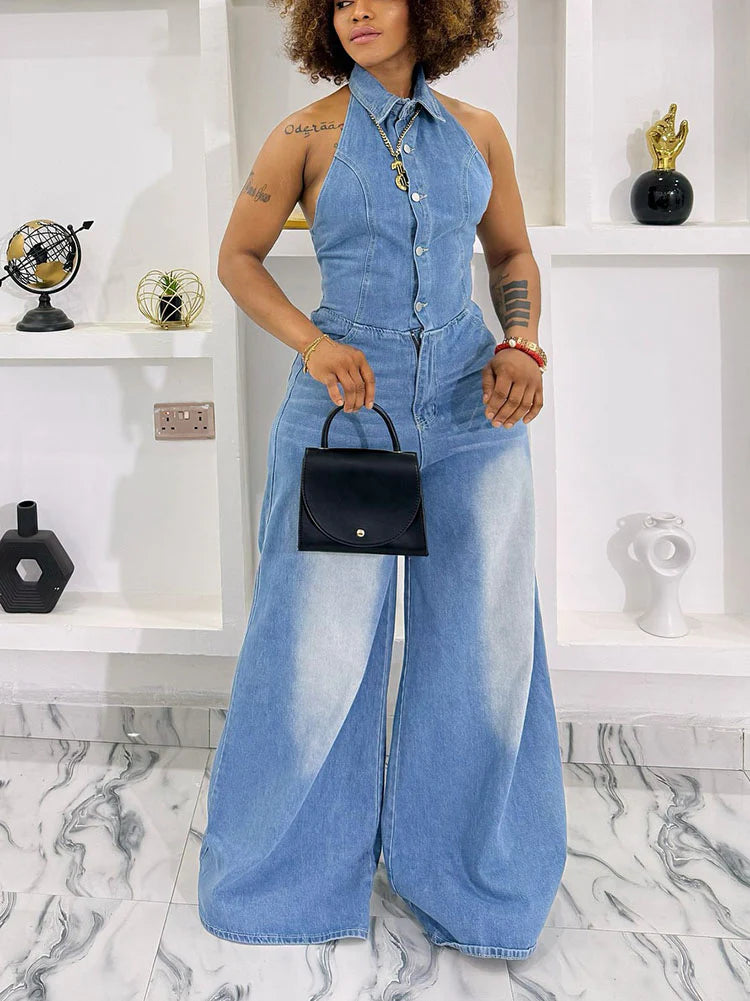 Denim Halter Wide-Leg Jumpsuit