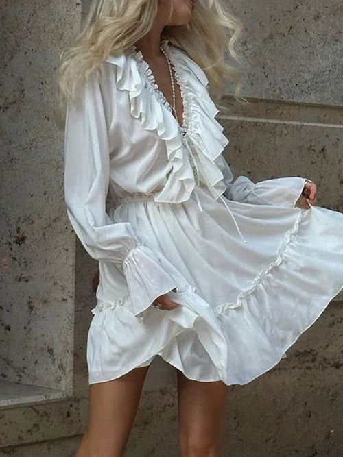 V-Neck Drawstring Flared Sleeve Ruffle White Dresses