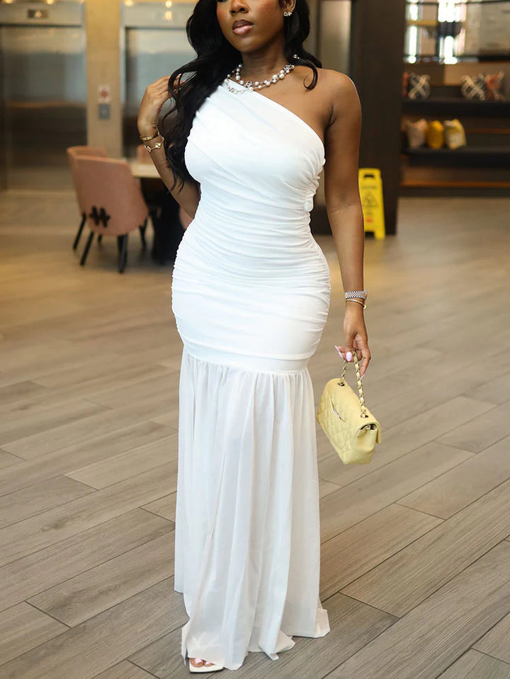 One Shoulder Mesh Ruched Dress