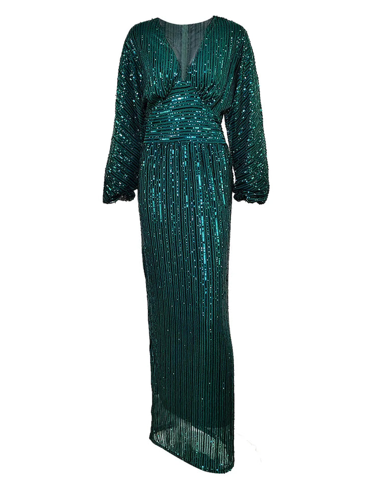 Sequin Long Sleeve V-Neck Maxi Dress