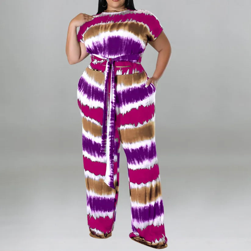 Plus Size Printed Belted Top Wide Leg Pants