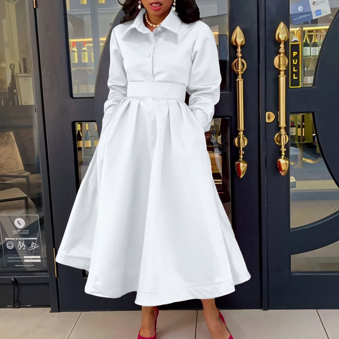 Solid Colour Lapel Long Sleeve A-line Dresses