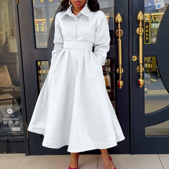 Solid Colour Lapel Long Sleeve A-line Dresses