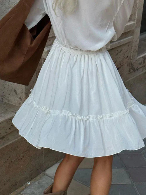 V-Neck Drawstring Flared Sleeve Ruffle White Dresses