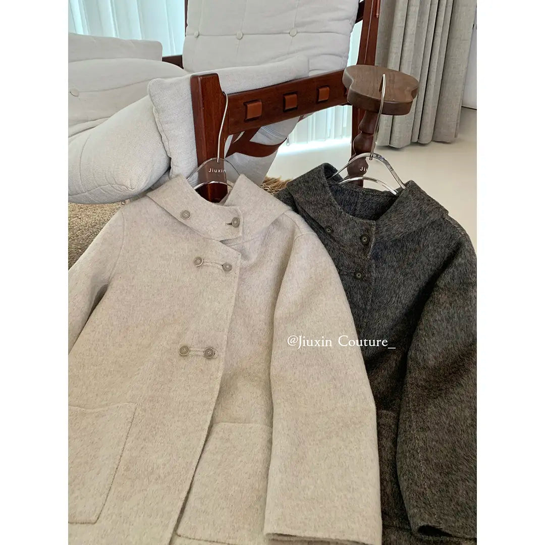 Long Double-Sided Cashmere Hooded Loose Tweed Jacket