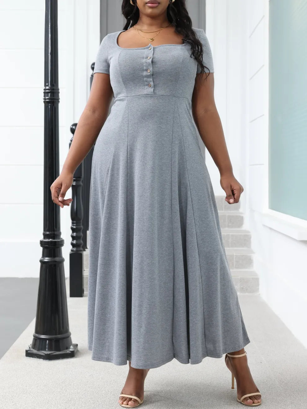 Square Neck Button-Up Solid Color Maxi Dress