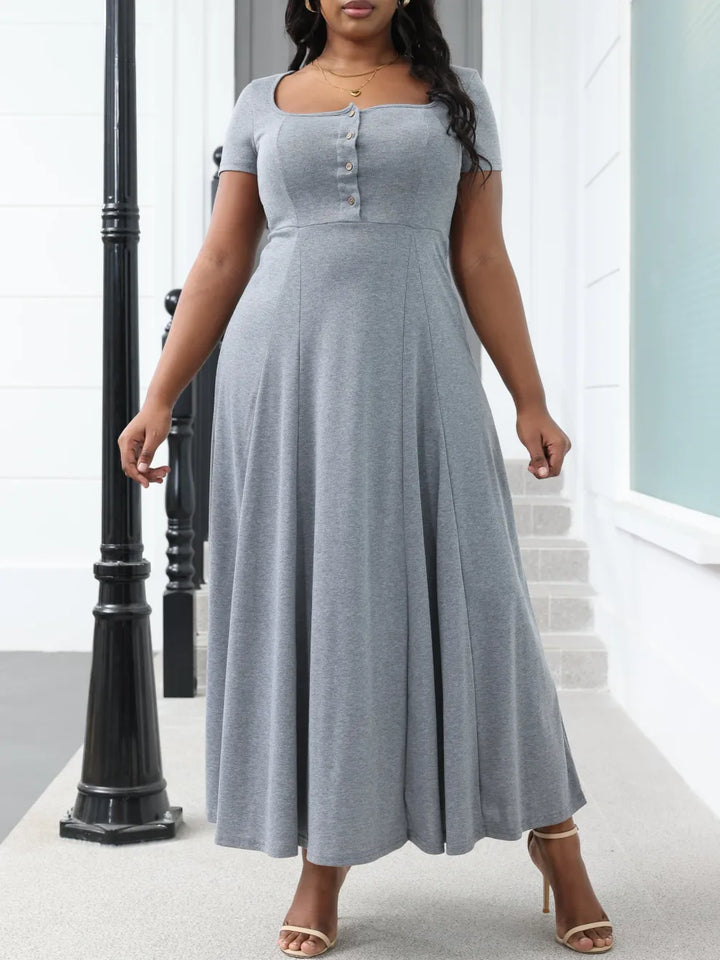 Square Neck Button-Up Solid Color Maxi Dress
