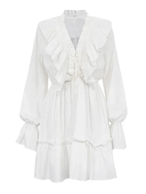 V-Neck Drawstring Flared Sleeve Ruffle White Dresses