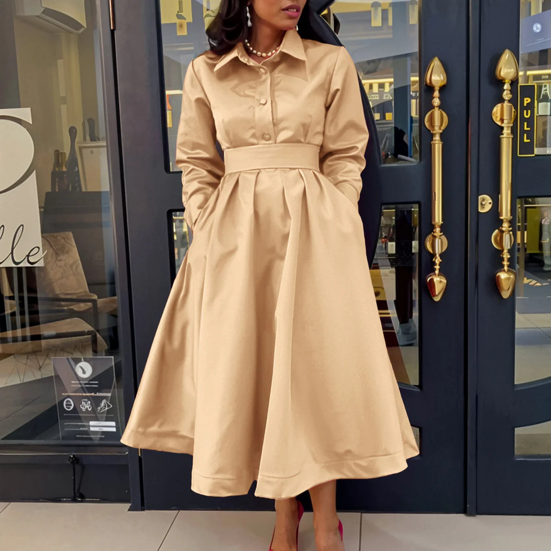 Solid Colour Lapel Long Sleeve A-line Dresses